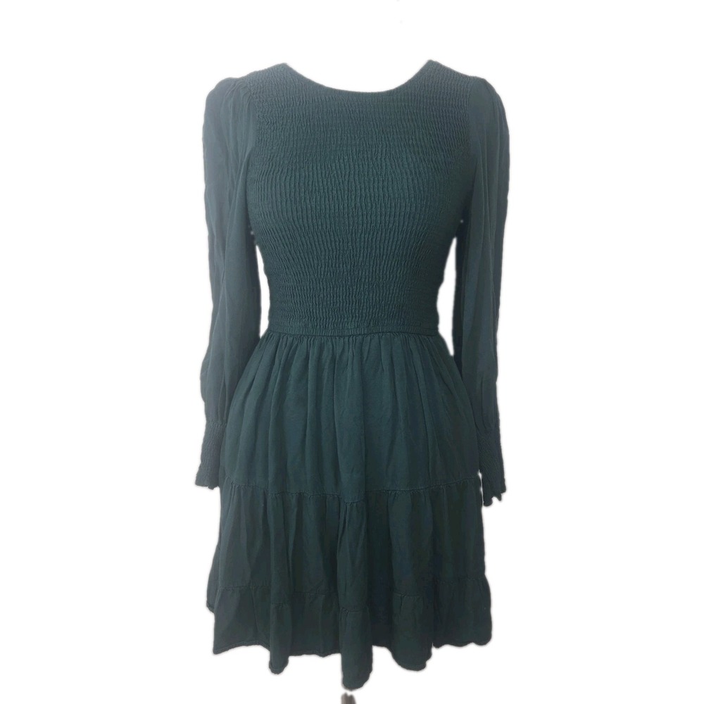 Merokeety Size Small Hunter Green Smocked Long‎ Sleeve Mini Dress Pockets